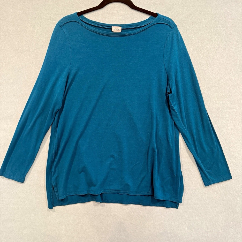 Chico's Womens Size 2 Large Teal Blue Long Sleeve Boat Neck Top